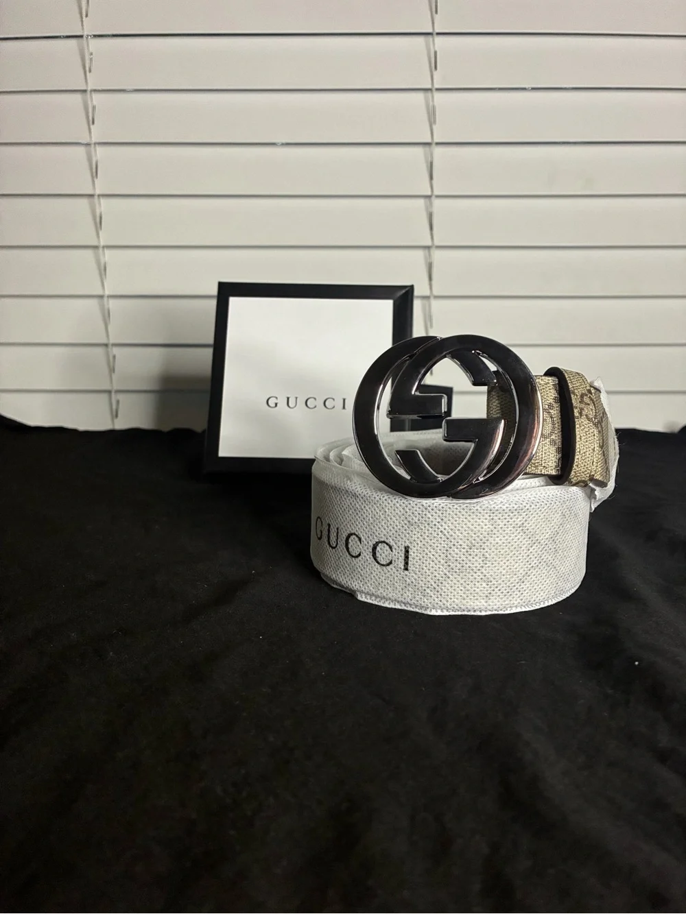 Gucci Men's Beige GG Canvas Belt with Black Interlocking G Buckle